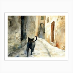 Black Cat In Matera, Italy, Street Art Watercolour Painting 3 Art Print