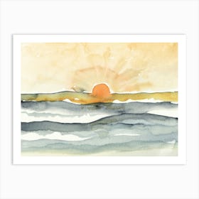 Ocean Sunset, Abstract Watercolor in Blue and Orange Art Print