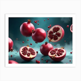 Pomegranates, Whole And Sliced, Falling Or Levitating Above A Reflective Surface Art Print