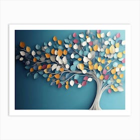 Colorful Tree with Leaves on Hanging Branches of Blue, White and Golden 1 Art Print