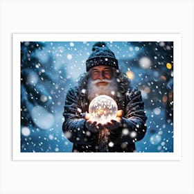 A Snowy Holiday Evening Time Scene Featuring A Man Holding A Luminous Orb That Glimmers With Encapsu (4) Art Print