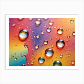 A Macro Shot Of Water Droplets On A Colorful, Rainbow Like Surface Art Print