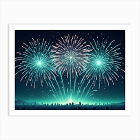 A Digital Illustration Of Fireworks Exploding In The Night Sky Over A Cityscape Art Print