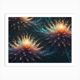 Three Glowing, Ethereal Flowers In Pink, Orange, And Blue Float Against A Dark Background With Swirling Particles And Abstract Shapes Art Print