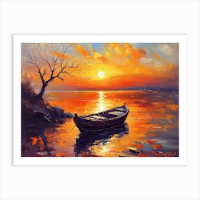 A Solitary Boat On A Calm Lake Water Art Print