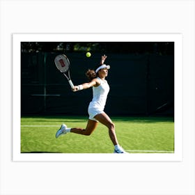 Tennis Player In Dynamic Forward Motion Mid Service Shadow Elongated On Outdoor Hard Court Late A (7) Art Print