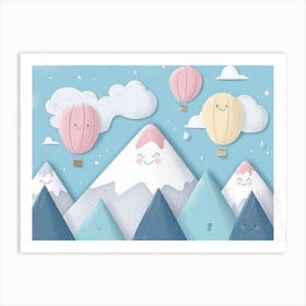 Hand Drawn Childish Art with Mountains, Balloons and Clouds 2 Art Print