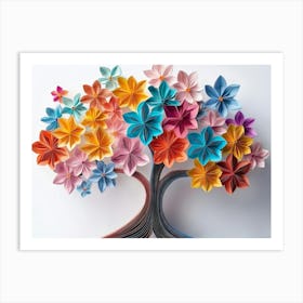 Colorful 3d Origami Paper Tree With Vibrant Flowers On A White Painting Art Print