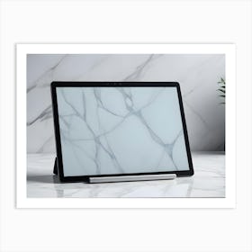 Photo Of A Tablet Computer On A Marble Surface With A Plant In A Blue Vase Art Print