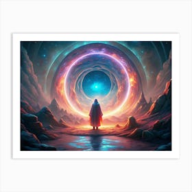 Mysterious Figure In Red Robe Standing Before A Cosmic Portal Art Print