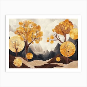 The Theme Of 3d Painting Artwork Illustration Landscape Forest Golden Tree Brown Art Is Mountains Art Print