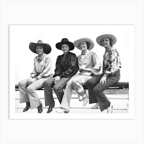 Cowgirls Sitting on Fence, Western Aesthetic, Vintage Black and White Old Photo Art Print