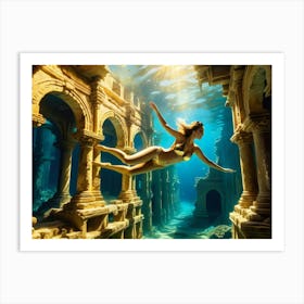 Woman swimming in gold underwater ruin 7 Art Print