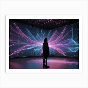 An Image Of A Woman Standing In Front Of A Large Screen With A Colorful Abstract Animation, Resembling A Digital Art Installation Art Print