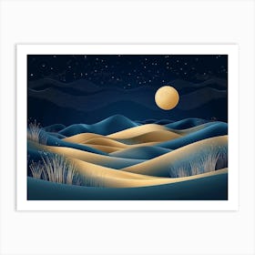 Abstract Sand Dunes Landscape With Moon At Night Painting Art Print