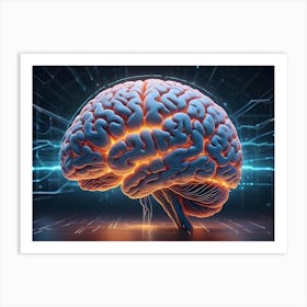 Human Brain With Glowing Light On Circuit Board Background Art Print