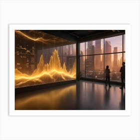 A Large Room With A Window Overlooking A Modern Cityscape At Sunset Art Print