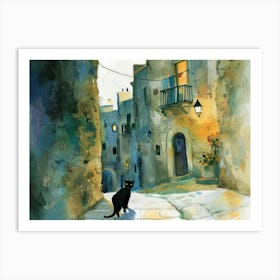 Black Cat In Matera, Italy, Street Art Watercolour Painting 4 Art Print