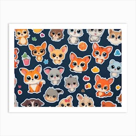 Cute Cartoon Animals With Big Eyes In A Seamless Pattern On A Dark Blue Background Art Print