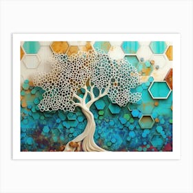 White Lattice and Ethereal Tree On Oak, Complemented by A Mix of Turquoise 1 Art Print