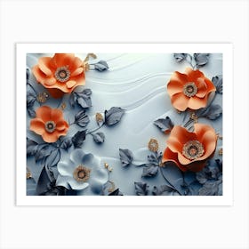 3d Artwork Illustration, White And Blue Background, Golden Jewelry, Flowers 1 Art Print