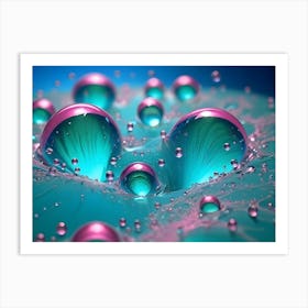 Close Up Of Colorful, Reflective Spheres Floating On A Turquoise Liquid Surface, With Splashes And Droplets Adding To The Dynamic Scene Art Print