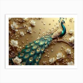 3d Peacock Illustration Background with Golden Jewelry Art Print