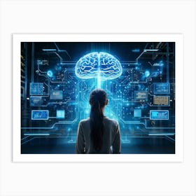 Abstract Cyber Concept Art Featuring A Human Brain At The Center Of Innovation Connected With Futur (2) Art Print