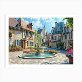 French Village Square With Cobblestone Streets, Ornate Fountains, And Blooming Flowers Póster