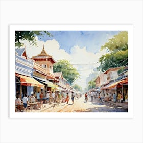 A Young Adventurer Meanders Through The Bustling Streets Of A Summer Town In Thailand Pastel Colore (7) Art Print