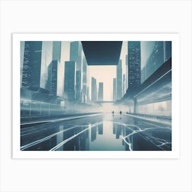 A Futuristic Cityscape With Towering Buildings, Glowing Lines Of Energy, And Figures Walking In The Distance Art Print