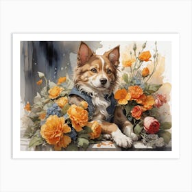 Dog With Flowers Art Print