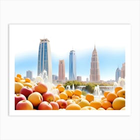 A Pile Of Apples And Oranges In Front Of A Cityscape With A Blue Sky Art Print