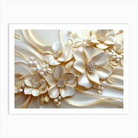 Stunning 3d Flowers in Gold and Cream Color Art Print