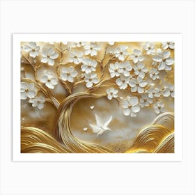 Gold Tree With White Flowers Art Print