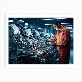 An Artificial Intelligence Engineer Immersed In A High Tech Manufacturing Factory Examining The Com (1) Art Print