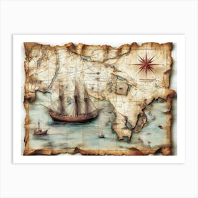 Pirate Ship On A Map Art Print