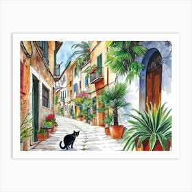 Palma De Mallorca, Spain   Cat In Street Art Watercolour Painting 4 Art Print