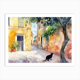 Black Cat In Brindisi, Italy, Street Art Watercolour Painting 1 Art Print
