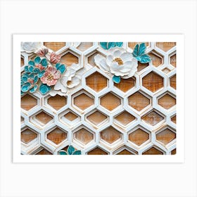 Oak Artwork Adorned with White Lattice, Turquoise Accents and Floral Hexagonal Patterns 1 Art Print