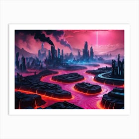 Cyberpunk industrial city with lava and river 6 Art Print