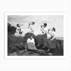 Women Drinking Beer, Black and White Old Photo, Vintage Bar Decor Art Print