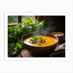 Autumn Pumpkin Curry Soup Steaming In An Earthenware Bowl Vibrant Orange Against Dark Green Lettuc Art Print