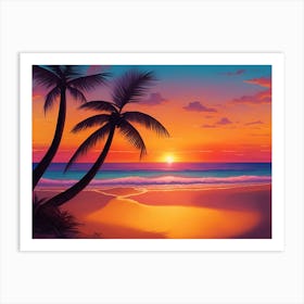 A Tranquil Beach At Sunset Horizontal Illustration 7 Art Print