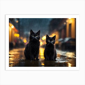 Two Black Cats In The Rain Art Print