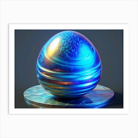 Blue And Gold Egg With A Swirly Pattern Art Print