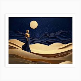 Woman Body Silhouette Standing On Golden Dunes Art Print