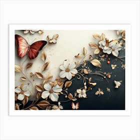 Luxurious Background with Flowers, Leaves and Butterflies 5 Art Print