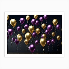 A Celebratory Scene With Floating Gold And Purple Balloons With Confetti On A Dark Background Art Print