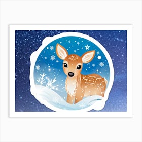 Illustration Of A Cute Fawn Like Reindeer Calf Enveloped By The Shimmering White Blanket Of A Winter Art Print